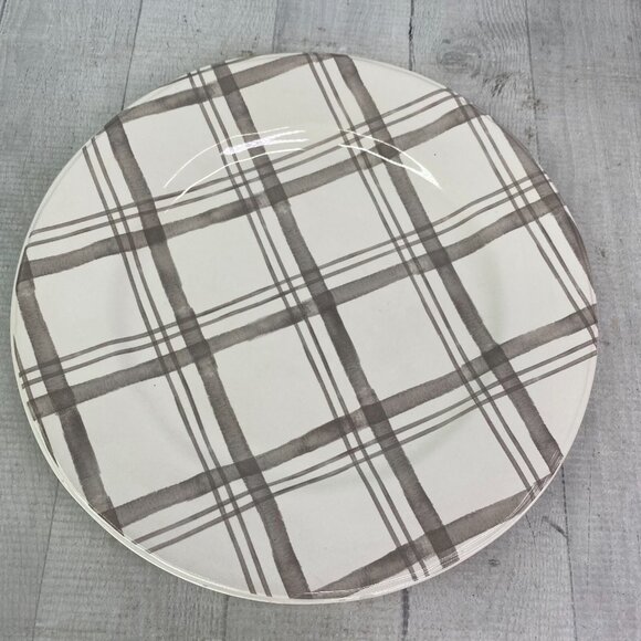 Pier 1 LINEN CHECK Gray Check Plaid Ironstone Round 11" Dinner Plates Set 2 FLAW - Picture 2 of 16